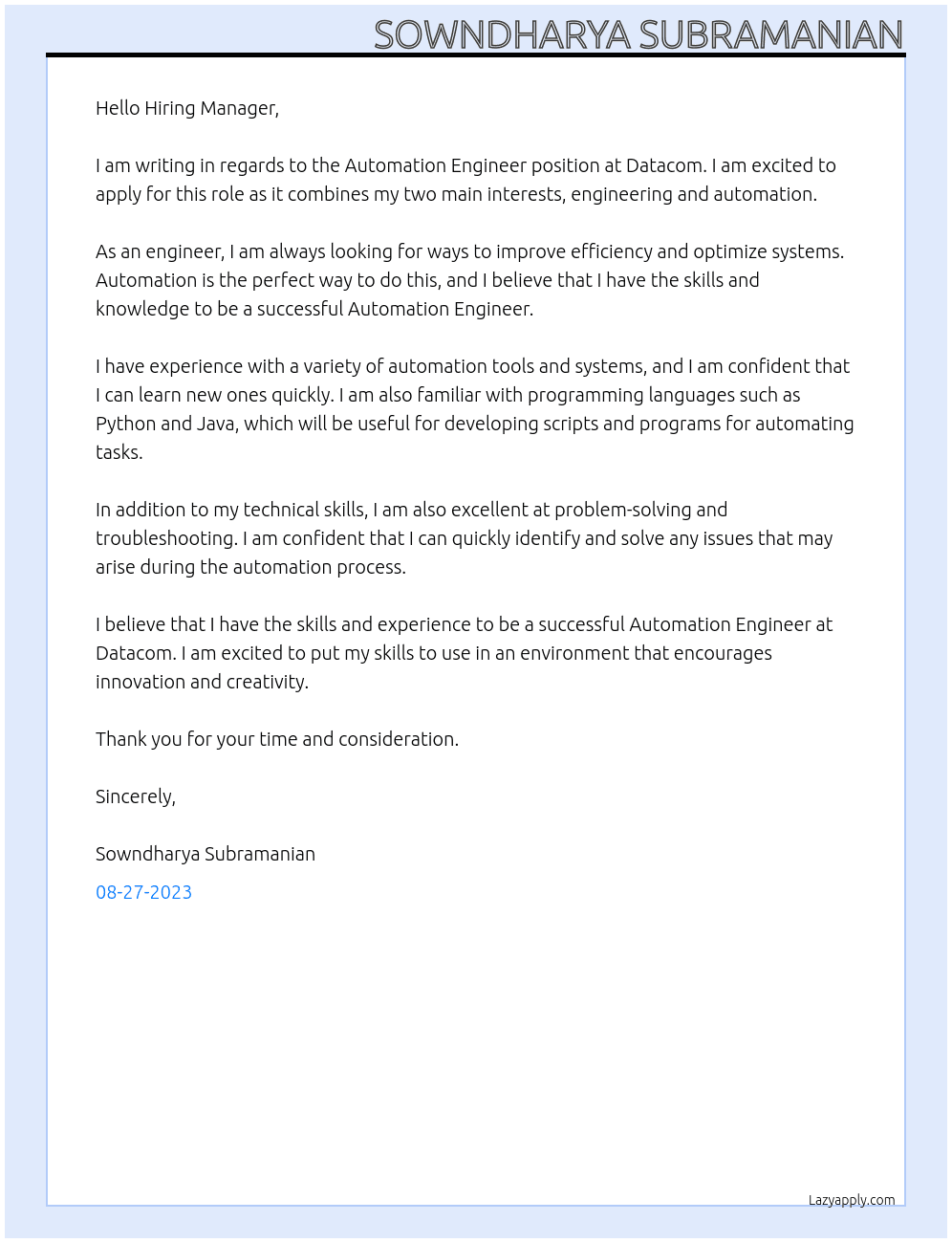 Automation Engineer At Datacom Cover Letter