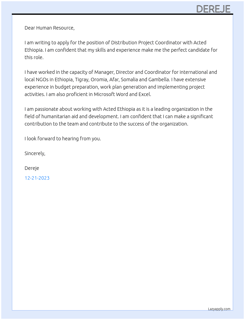Distribution Project Coordinator At Acted Ethiopia Cover Letter