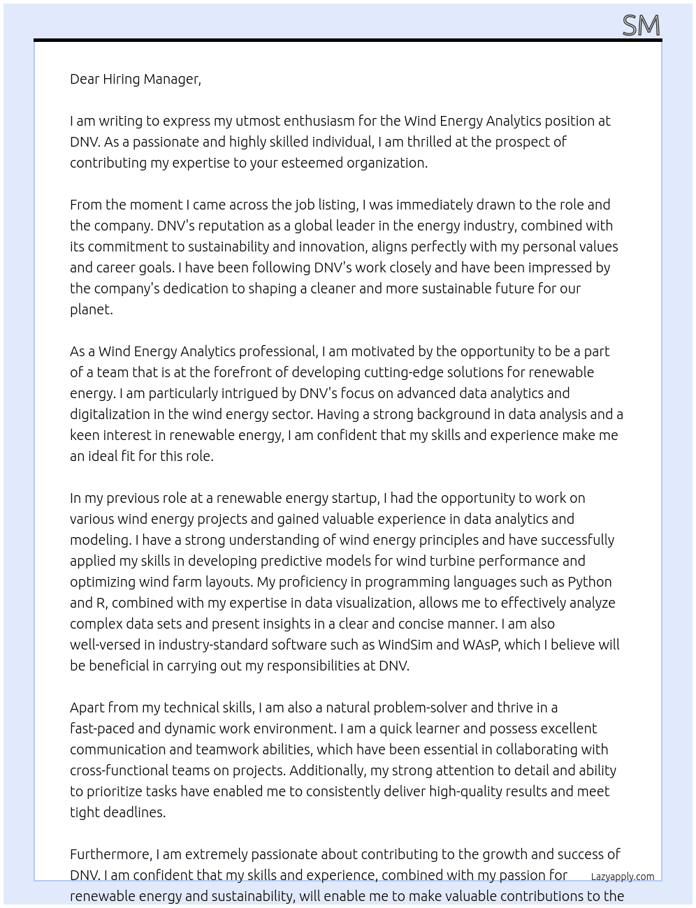 Wind Energy Analytics At DNV Cover Letter