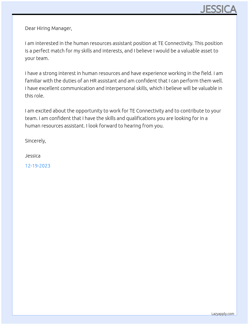 Human resources assistant At TE Connectivity Cover Letter
