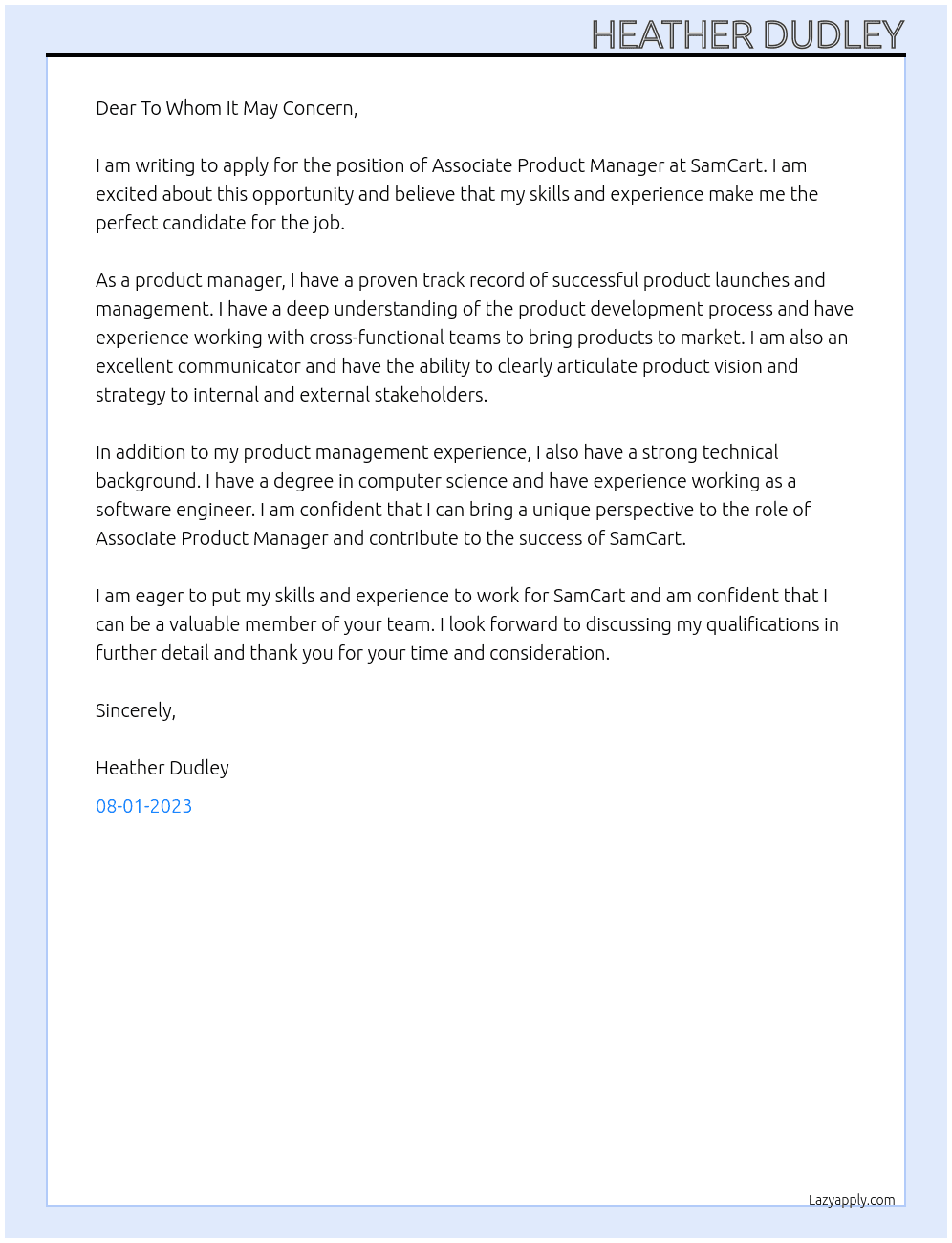 Associate Product Manager At SamCart Cover Letter