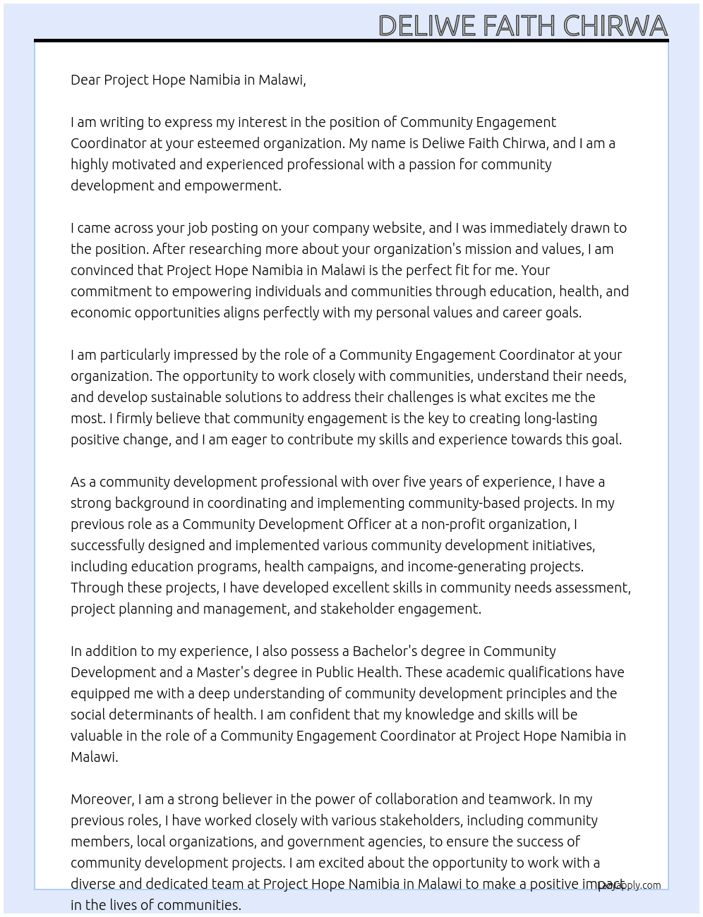 community engagement coordinator At project hope namibia in malawi Cover Letter