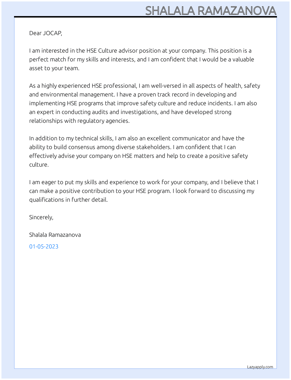 HSE Culture advisor At JOCAP Cover Letter