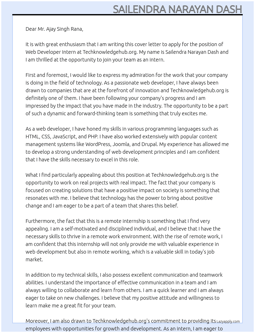 Web developer intern  At Techknowledgehub.org Cover Letter