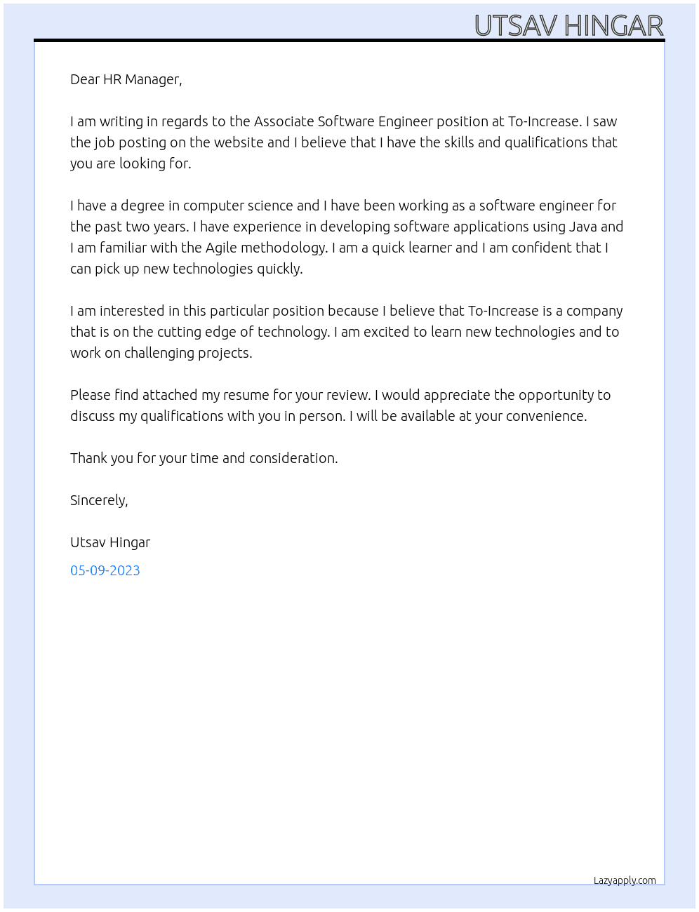 Associate Software Engineer At To-Increase  Cover Letter