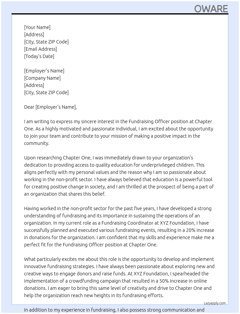  Fundraising Officer At Chapter One Cover Letter