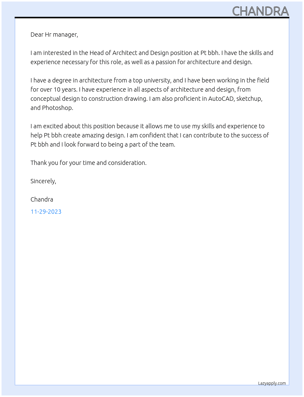  Head of Architect and Design At Pt bbh Cover Letter