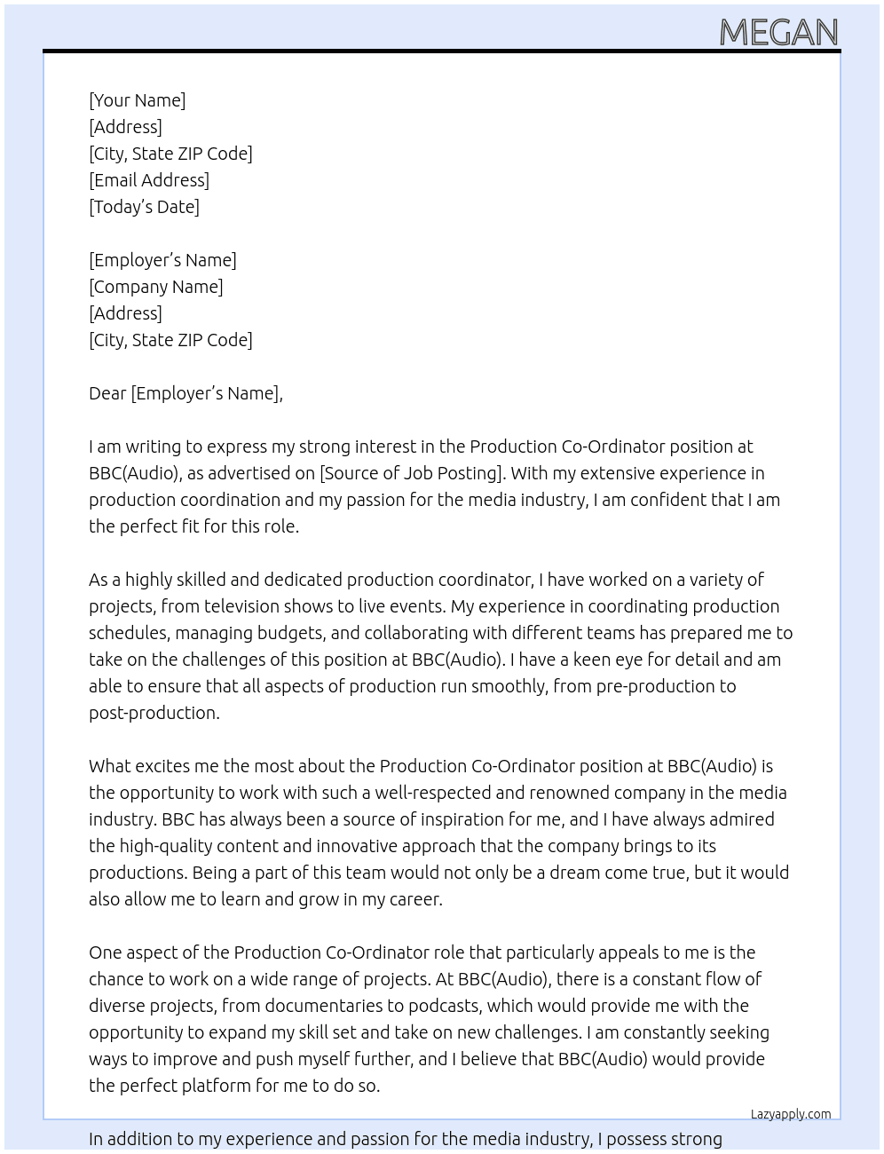 Production Co-Ordinator  At BBC(Audio) Cover Letter