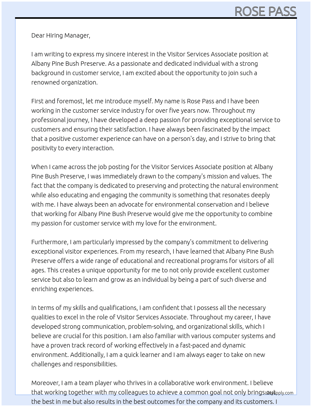 Visitor services associate At Albany Pine Bush Preserve Cover Letter