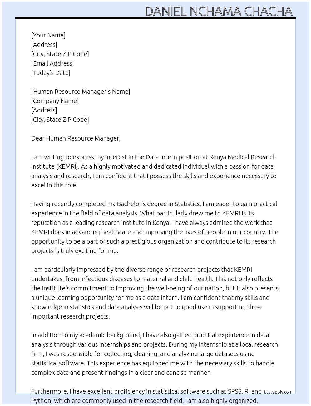 DATA INTERN At KENYA MEDICAL RESEARCH INSTITUTE Cover Letter