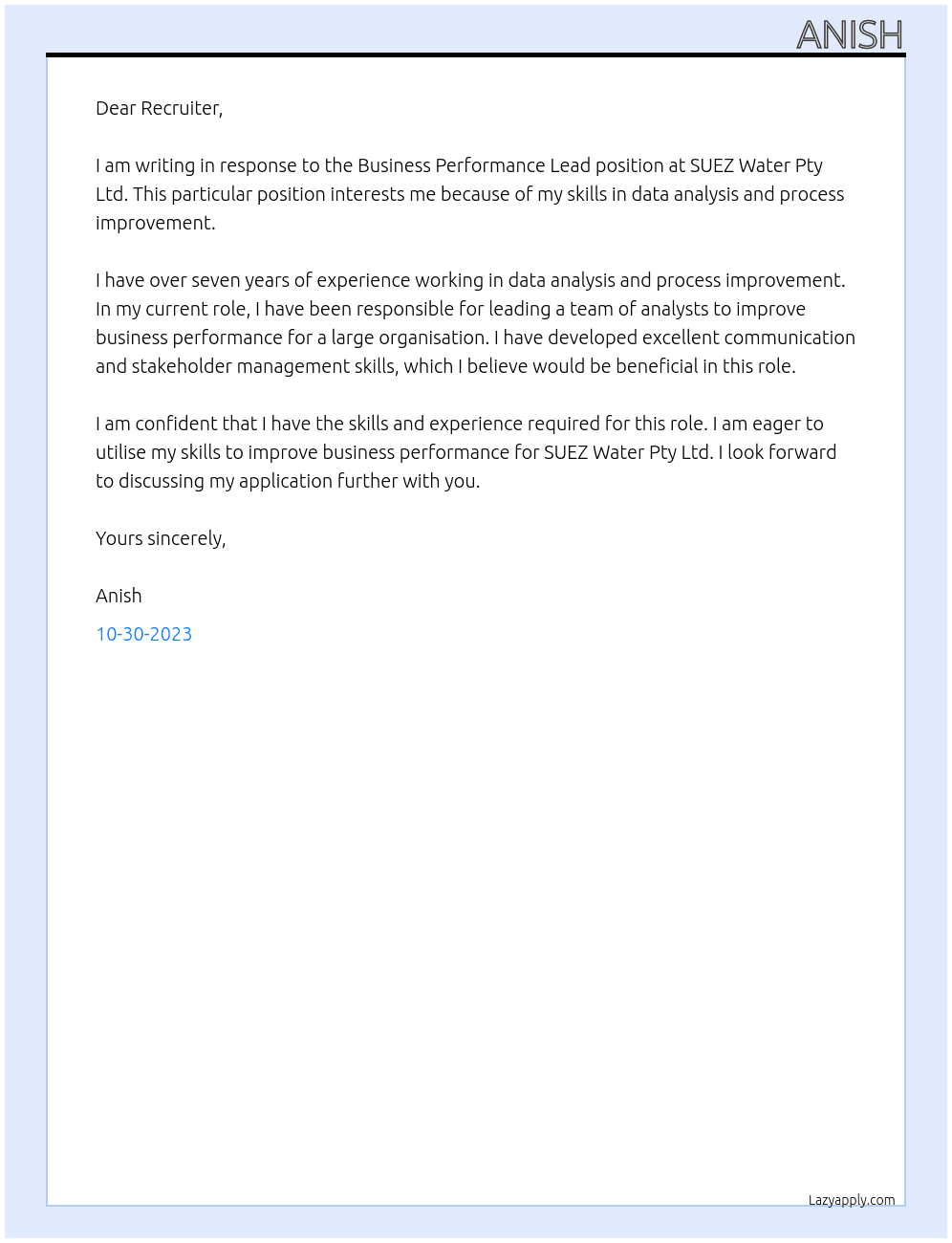 Business Performance Lead At SUEZ Water Pty Ltd Cover Letter