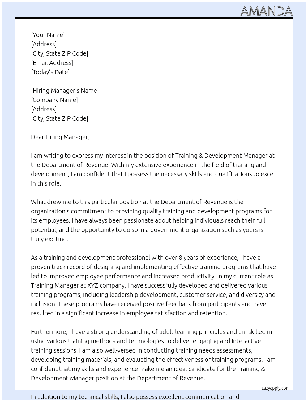 Training & Development Manager At Department of Revenue Cover Letter