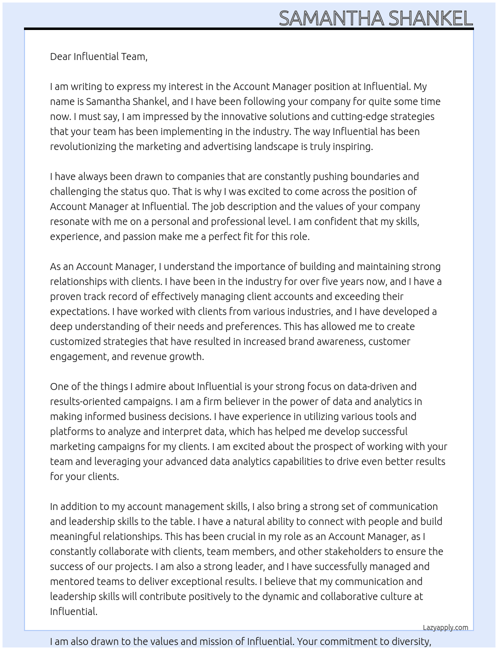 Account Manager At Influential Cover Letter