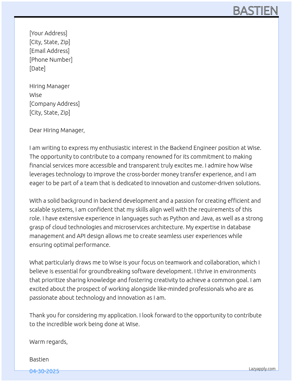 Backend Engineer At Wise Cover Letter