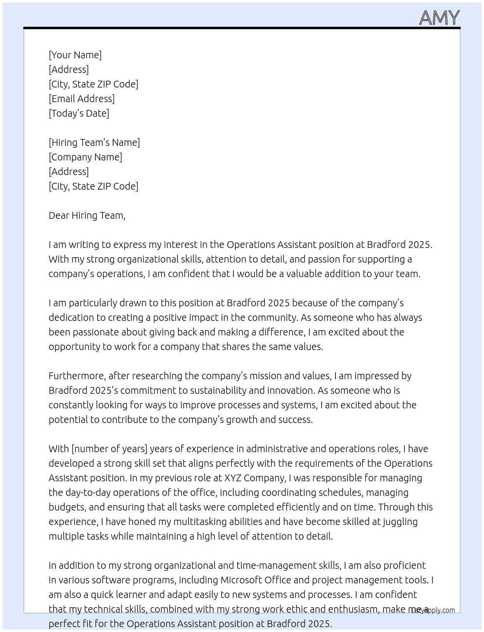 Operations Assistant At Bradford 2025  Cover Letter