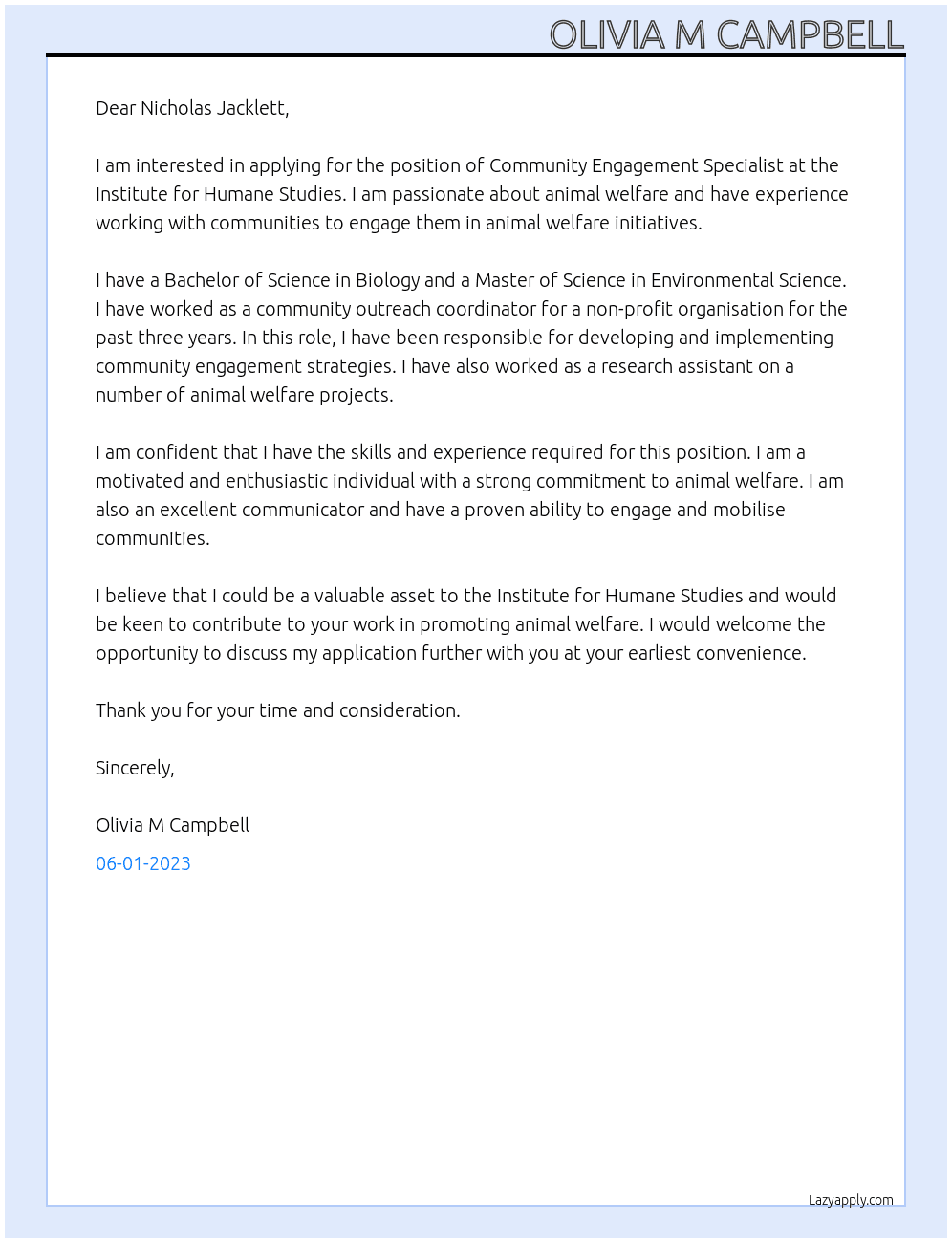 Community Engagement Specialist At Institute for Humane Studies Cover Letter