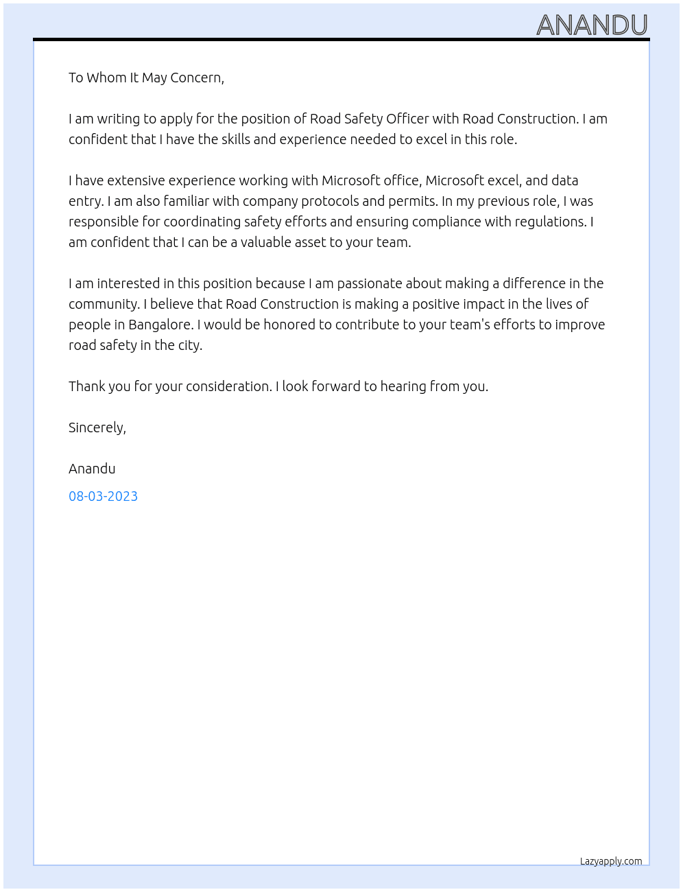 Road Safety officer At Road construction Cover Letter