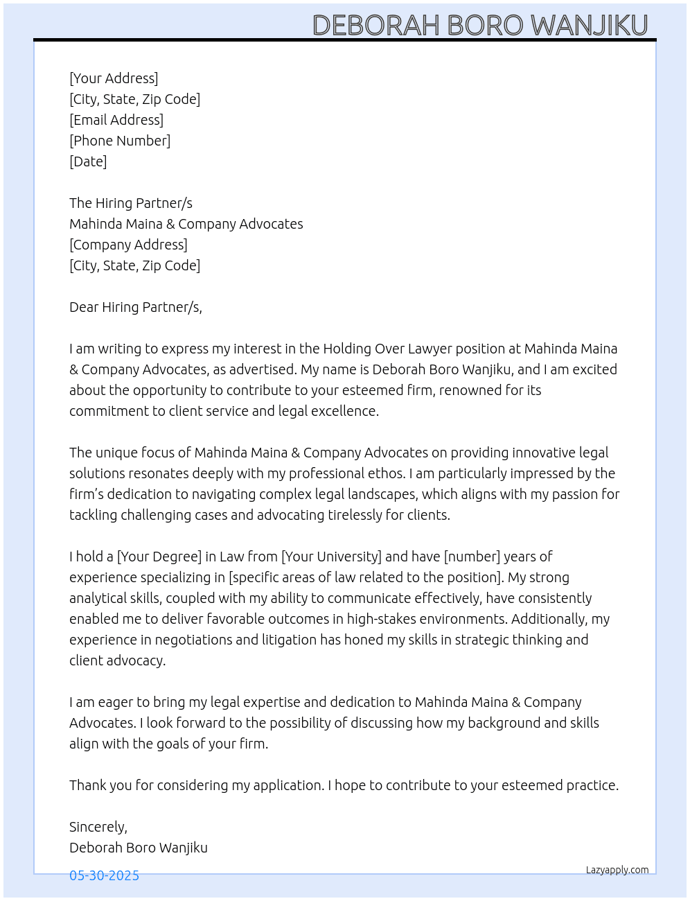 Holding Over Lawyer At Mahinda Maina & Company Advocates  Cover Letter
