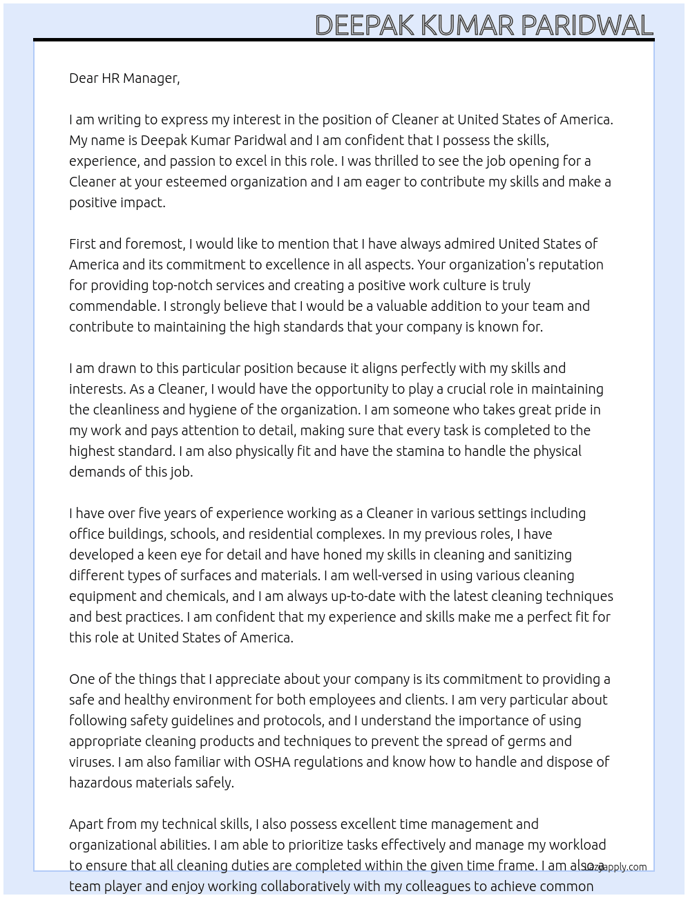 Cleaner  At United state of america Cover Letter