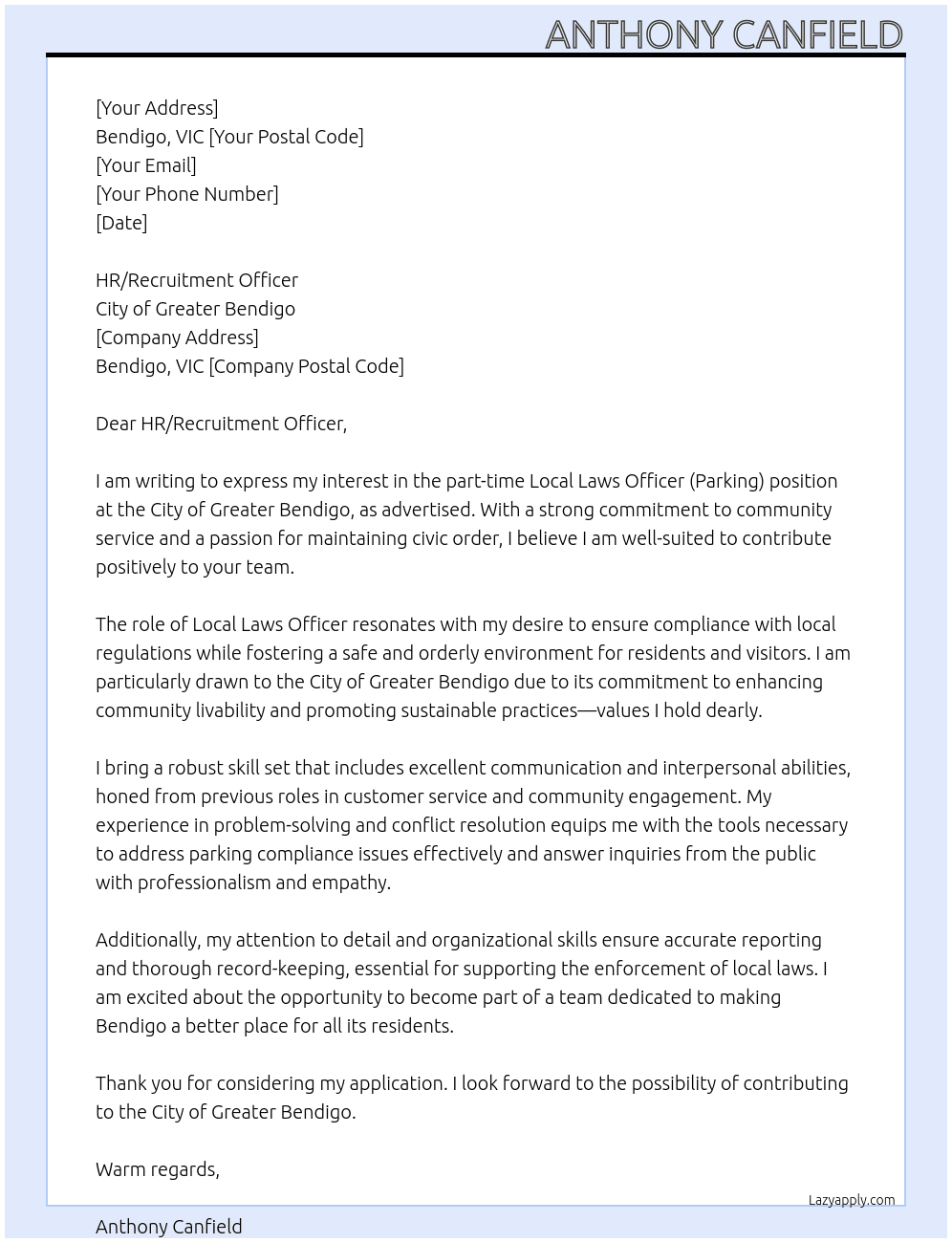 Local Laws Officer (Parking) At City of Greater Bendigo Cover Letter