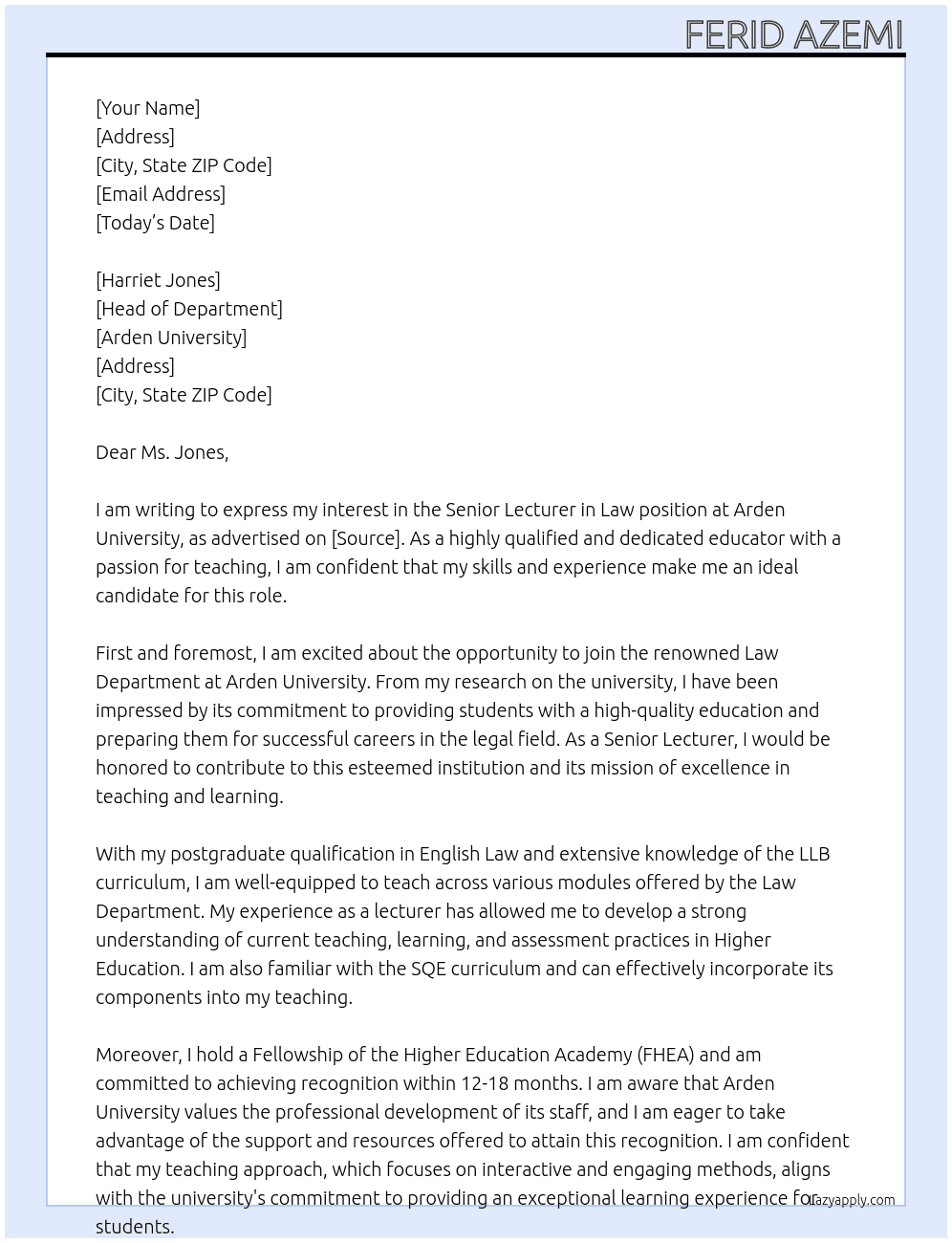 Senior Lecturer in Law At Arden University Cover Letter