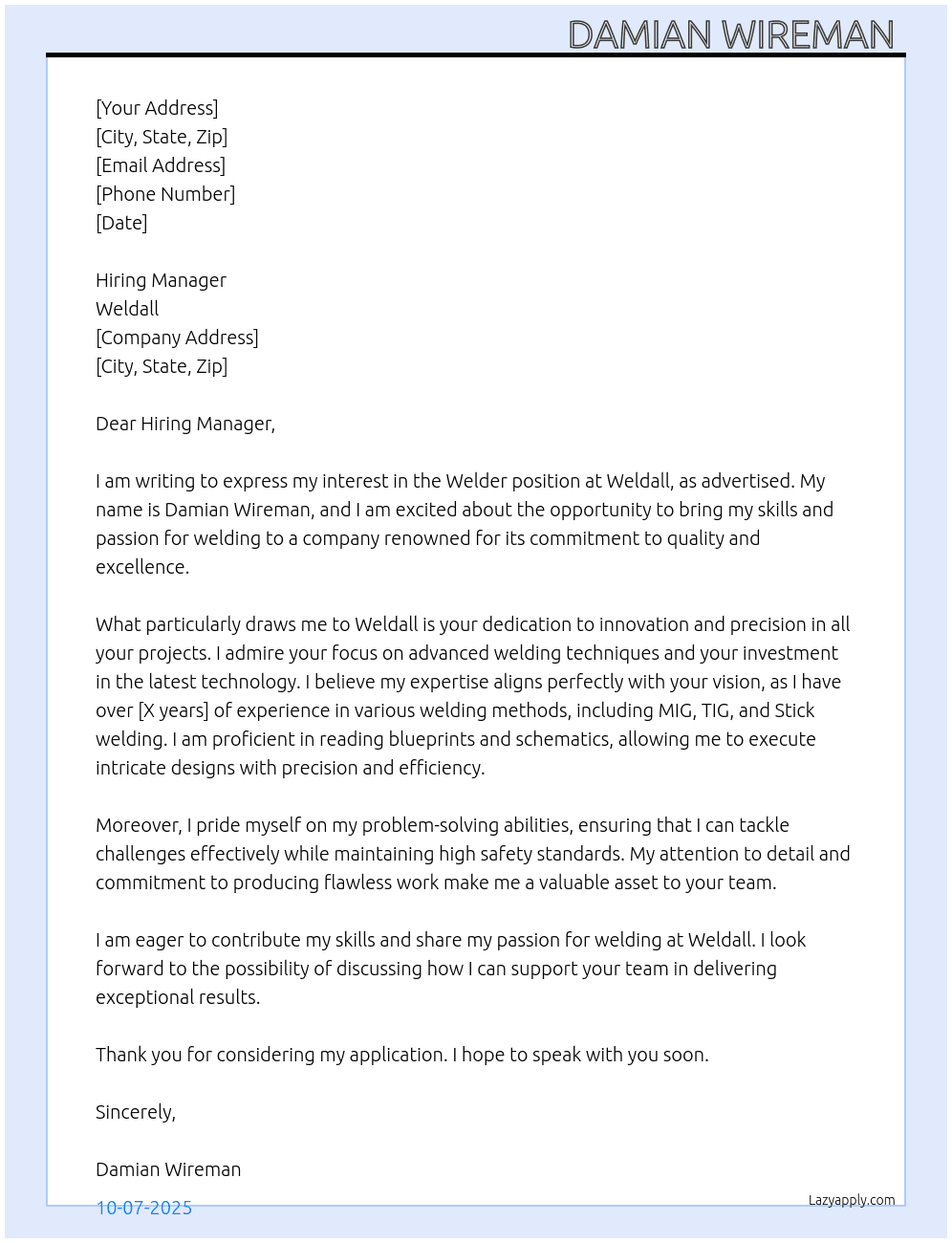 welder  At weldall  Cover Letter