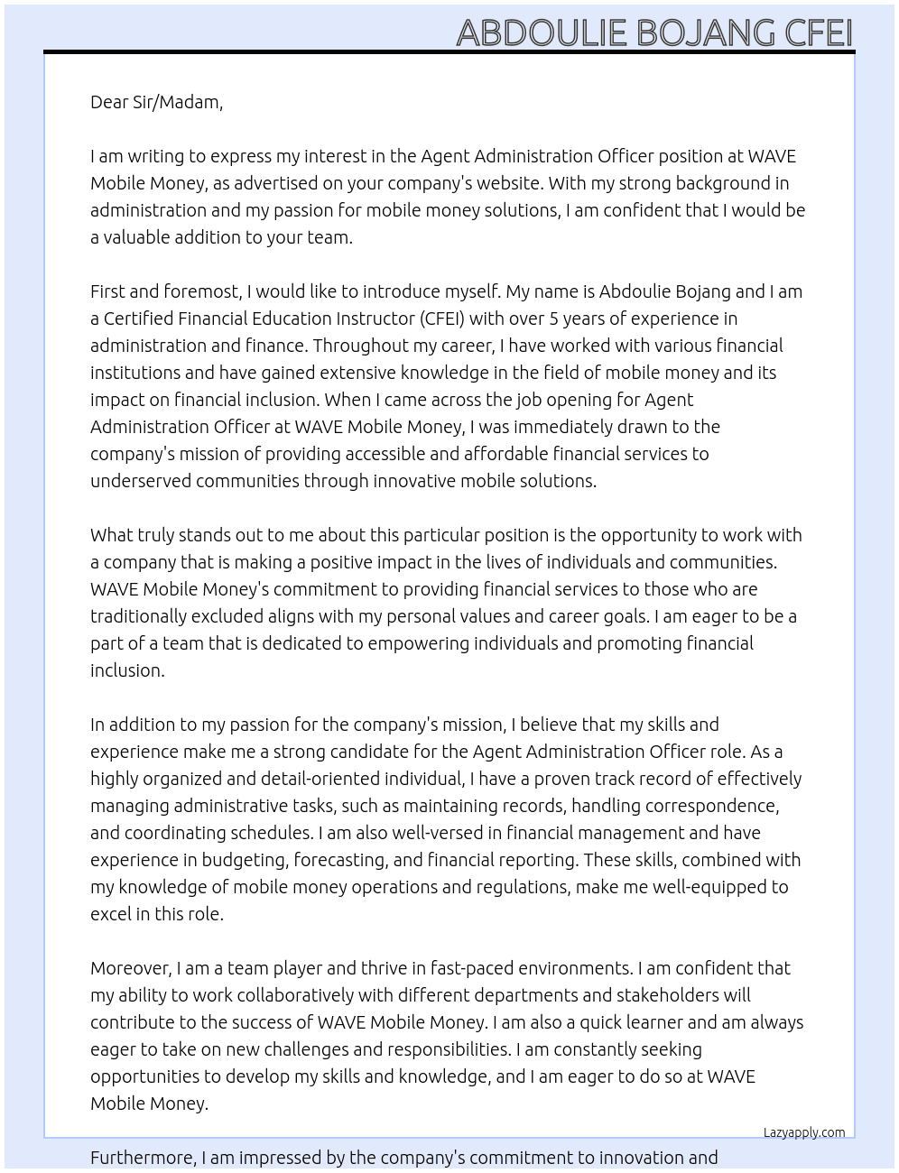 Agent Adminsitration Officer At WAVE Mobile Money Cover Letter