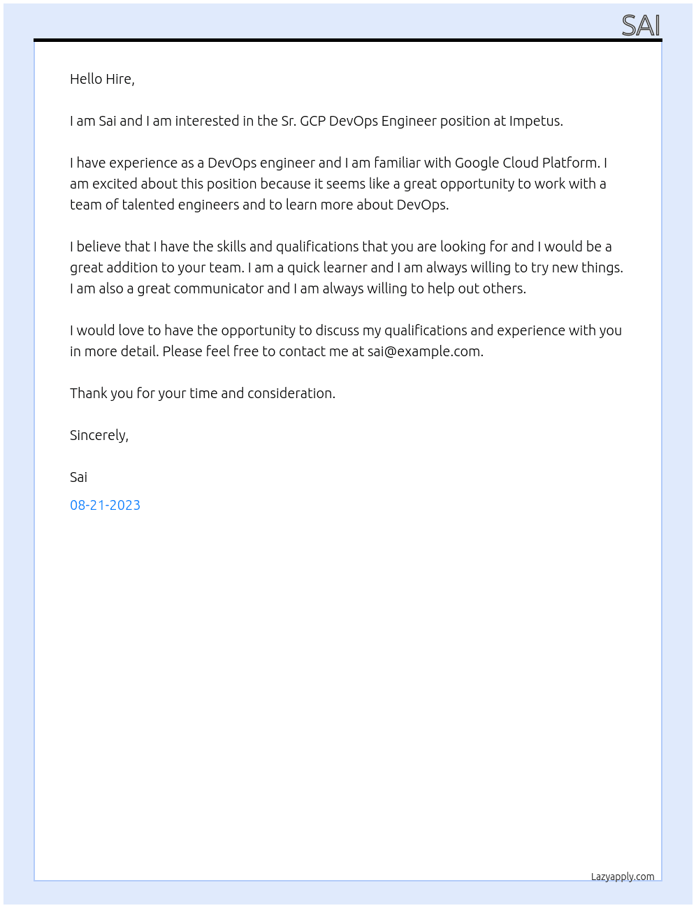 Sr. GCP DevOps Engineer At Impetus Cover Letter