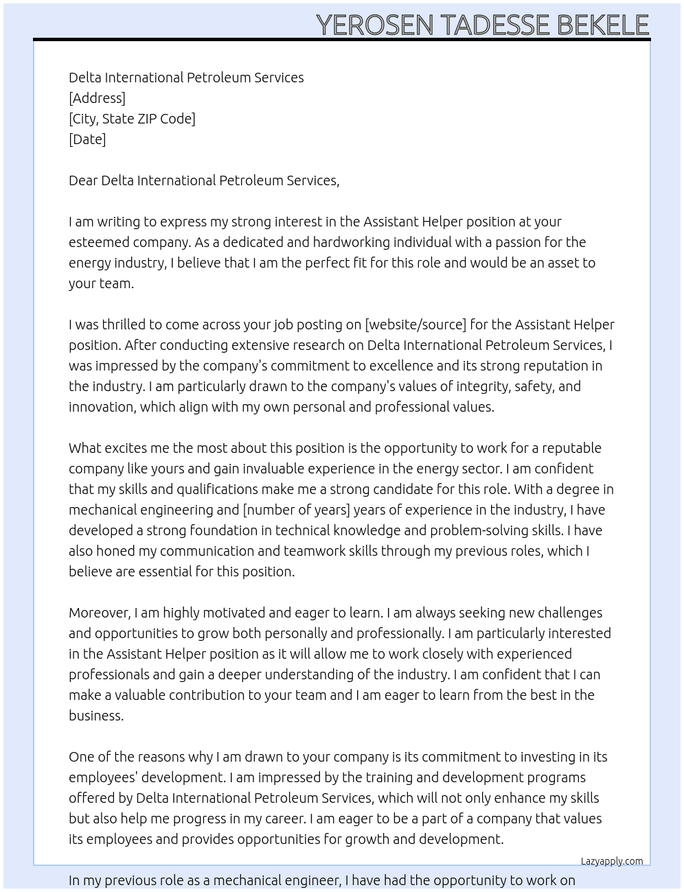 Assistant Helper  At Delta International Petroleum Services Cover Letter