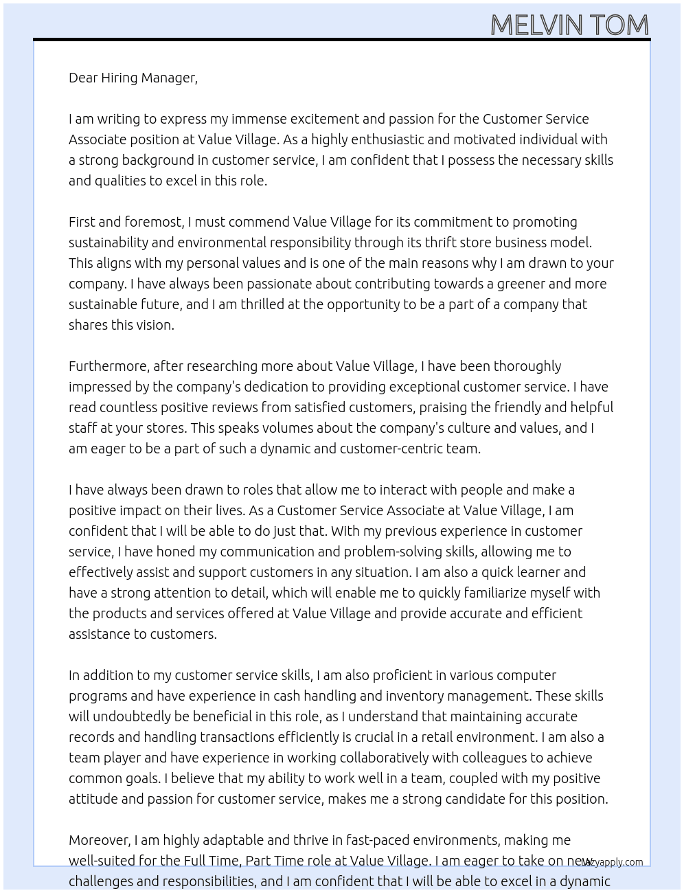Customer Service Associate At Value Village Cover Letter