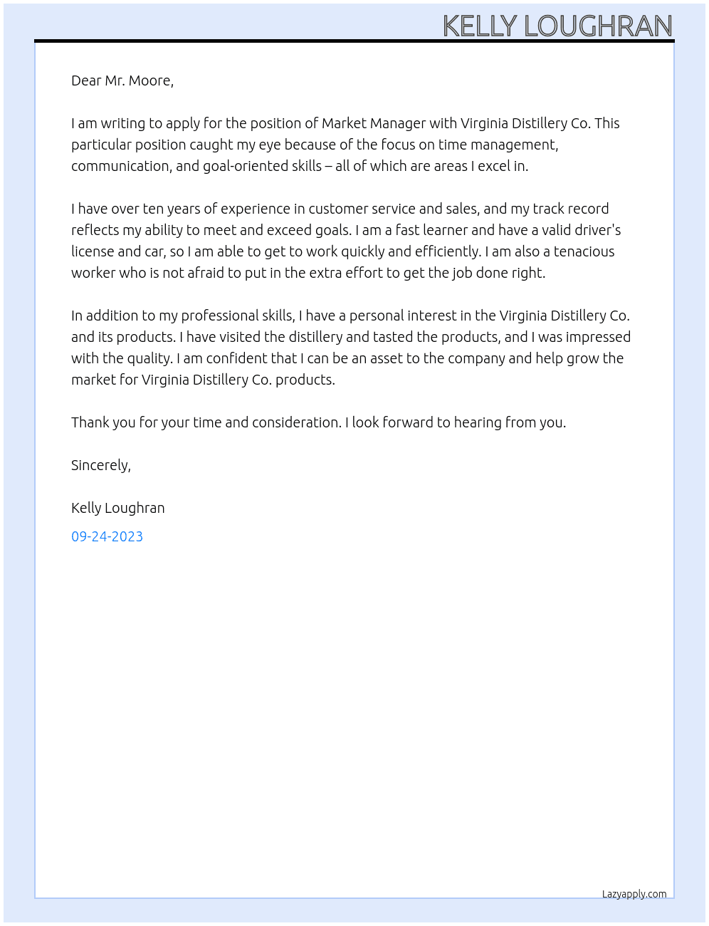 Market Manager At Virginia Distillery Co. Cover Letter