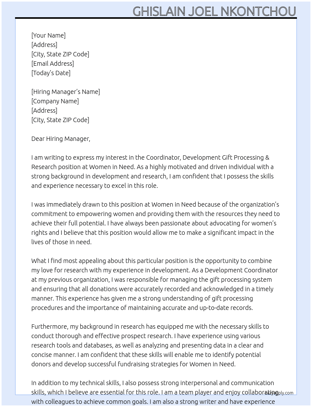 Coordinator, Development Gift Processing & Research  At Win - Women in Need Cover Letter