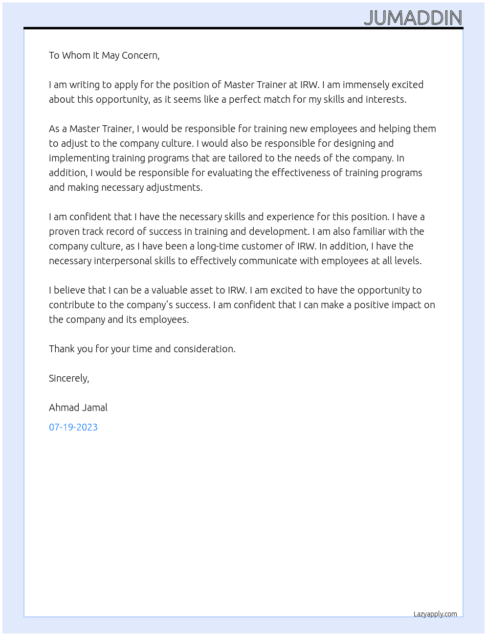 Master trainer  At IRW Cover Letter