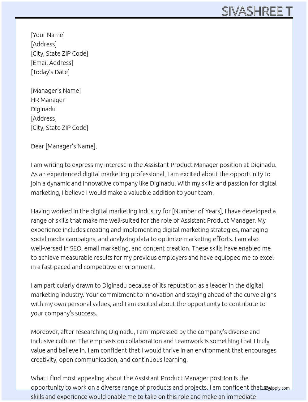 Assistant Product Manager At Diginadu Cover Letter