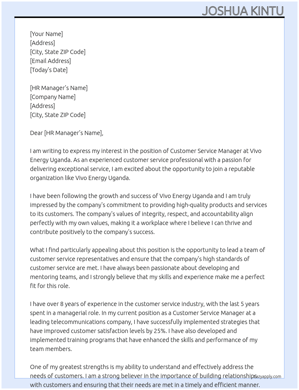 customer service manager At Vivo energy Uganda Cover Letter