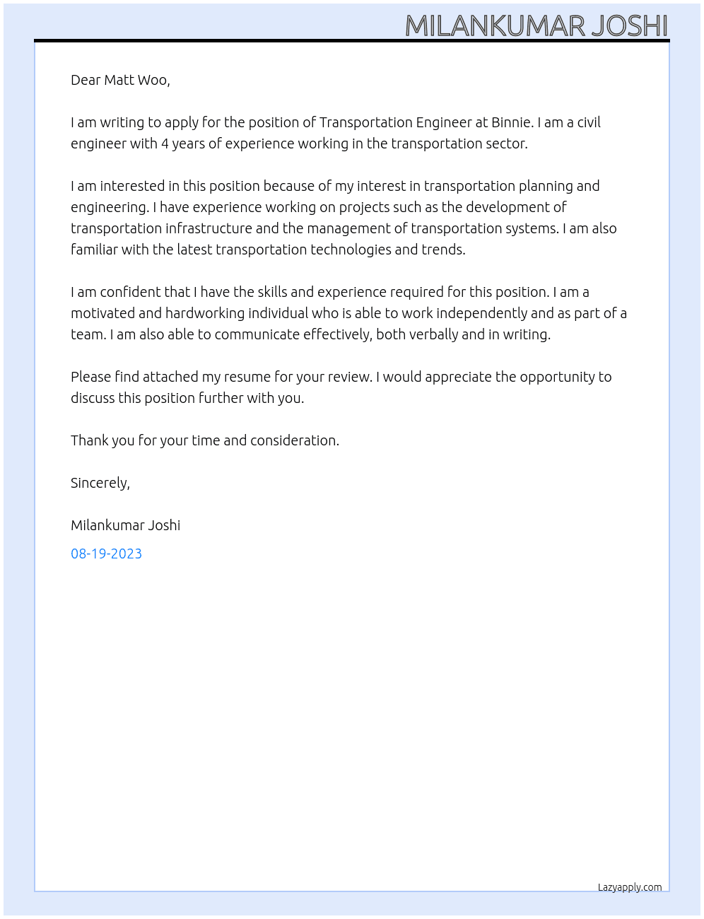 Transportation Engineer At Binnie Cover Letter