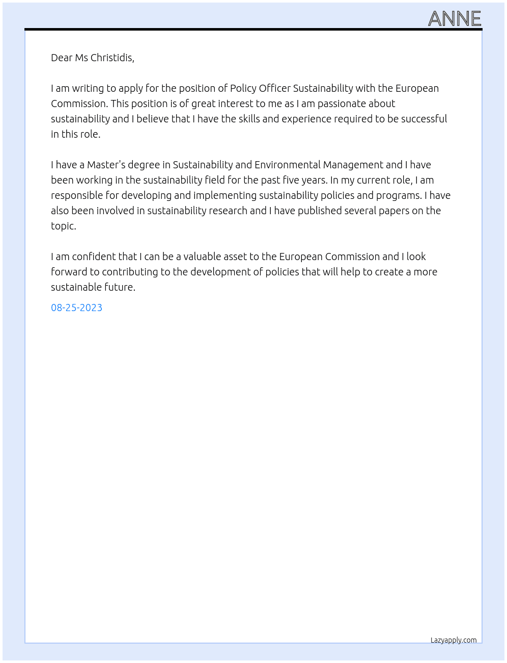 Policy Officer Sustainability  At European Commission Cover Letter