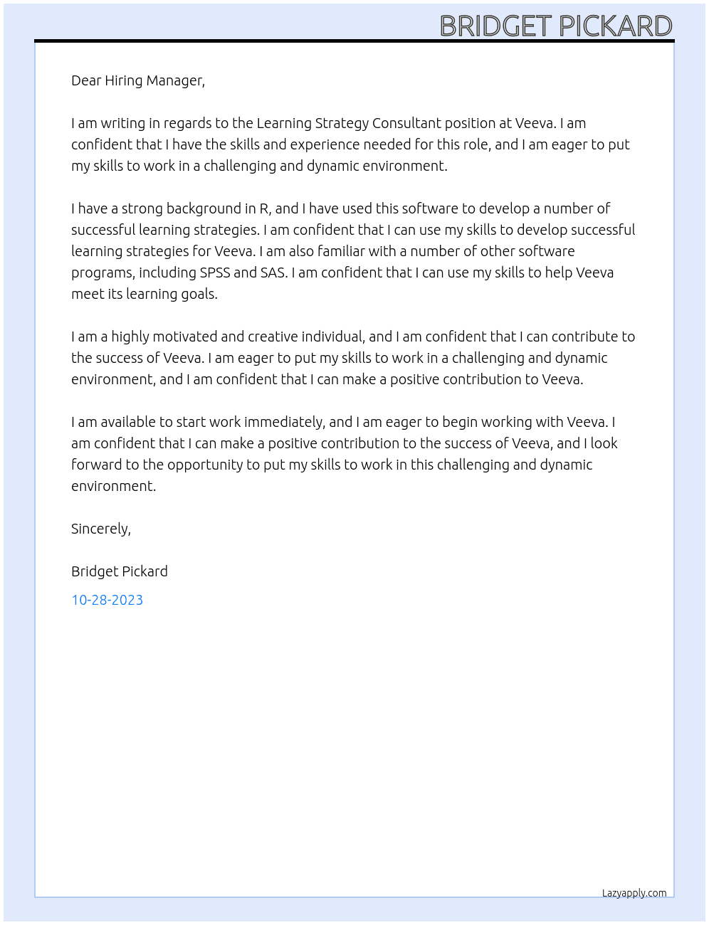 Learning Strategy Consultant At Veeva Cover Letter