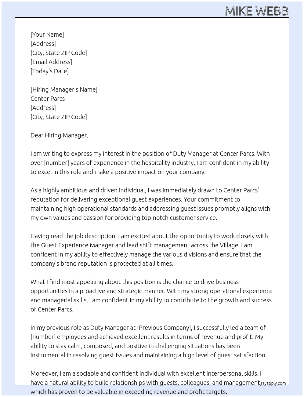 Duty Manager At Center Parcs Cover Letter