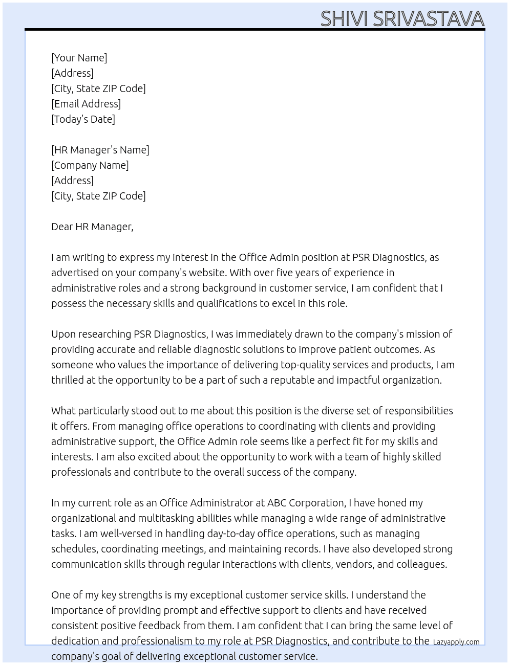 Office Admin  At PSR Diagnostics  Cover Letter