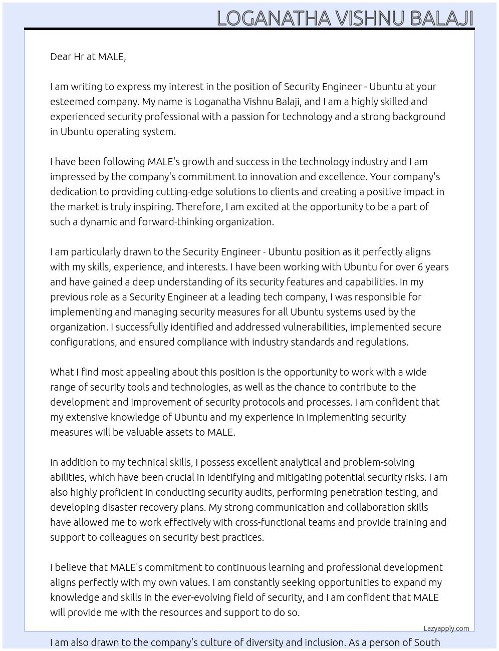 Security Engineer - Ubunt At MALE Cover Letter