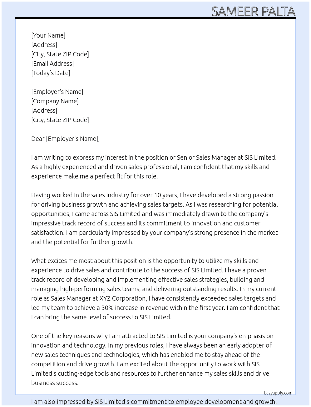 Senior sales manager At SIS Limited Cover Letter