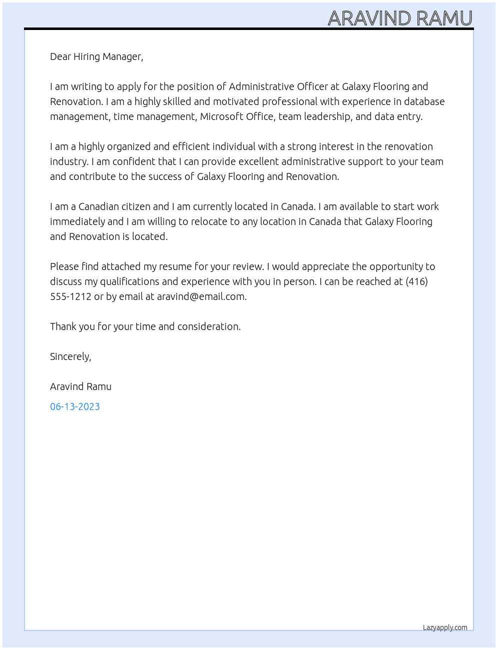 Administrative Officer At Galaxy Flooring and Renovation  Cover Letter