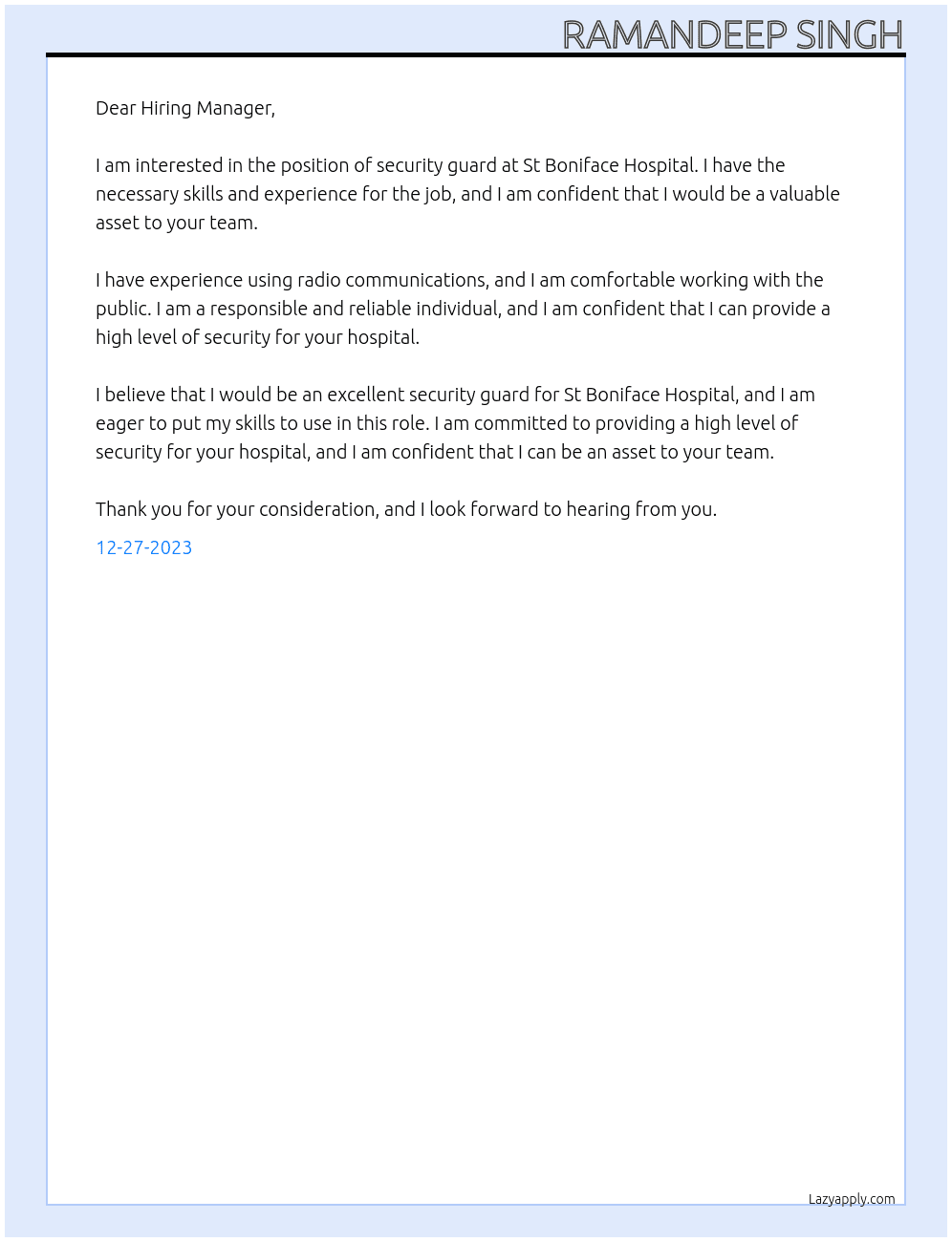 Security Guard  At St Boniface Hospital  Cover Letter