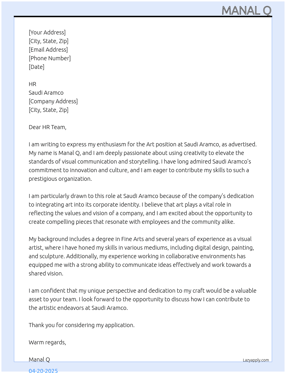 art At saudi aramco Cover Letter