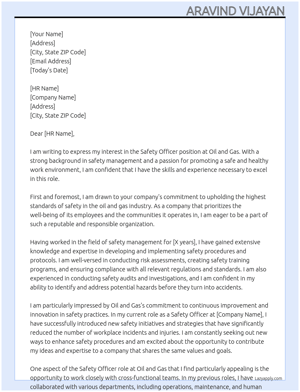 Safety officer At Oil and gas Cover Letter