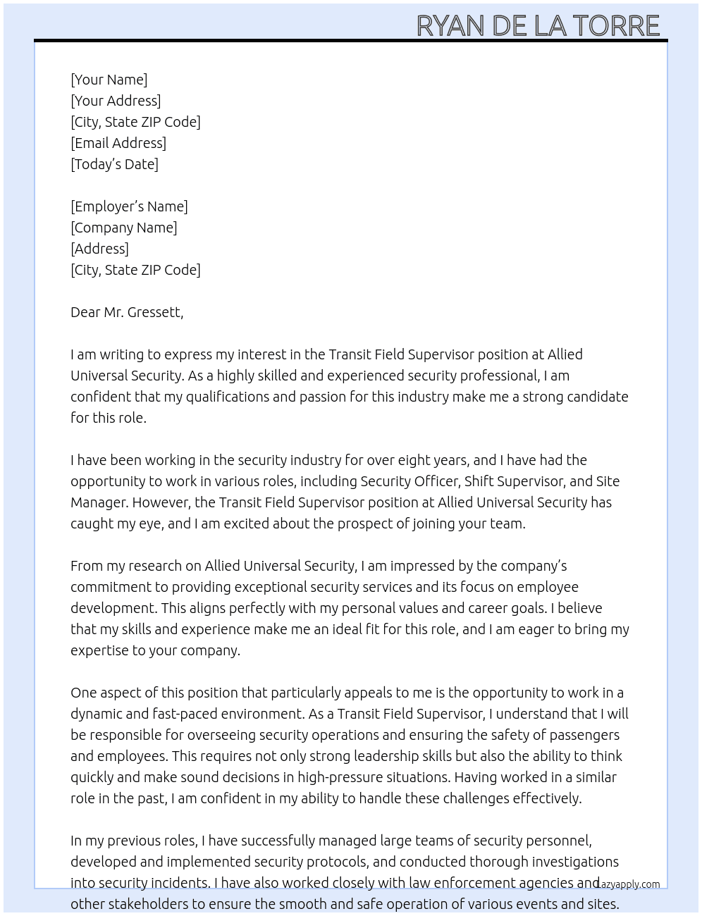 Transit Field Supervisor  At Allied Universal Security  Cover Letter