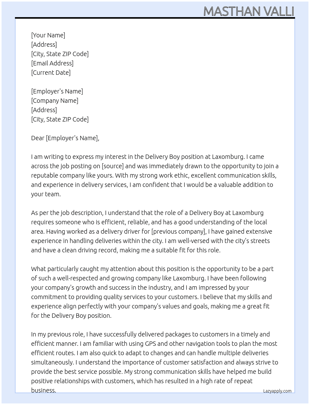 Delivery boy At Laxomburg  Cover Letter