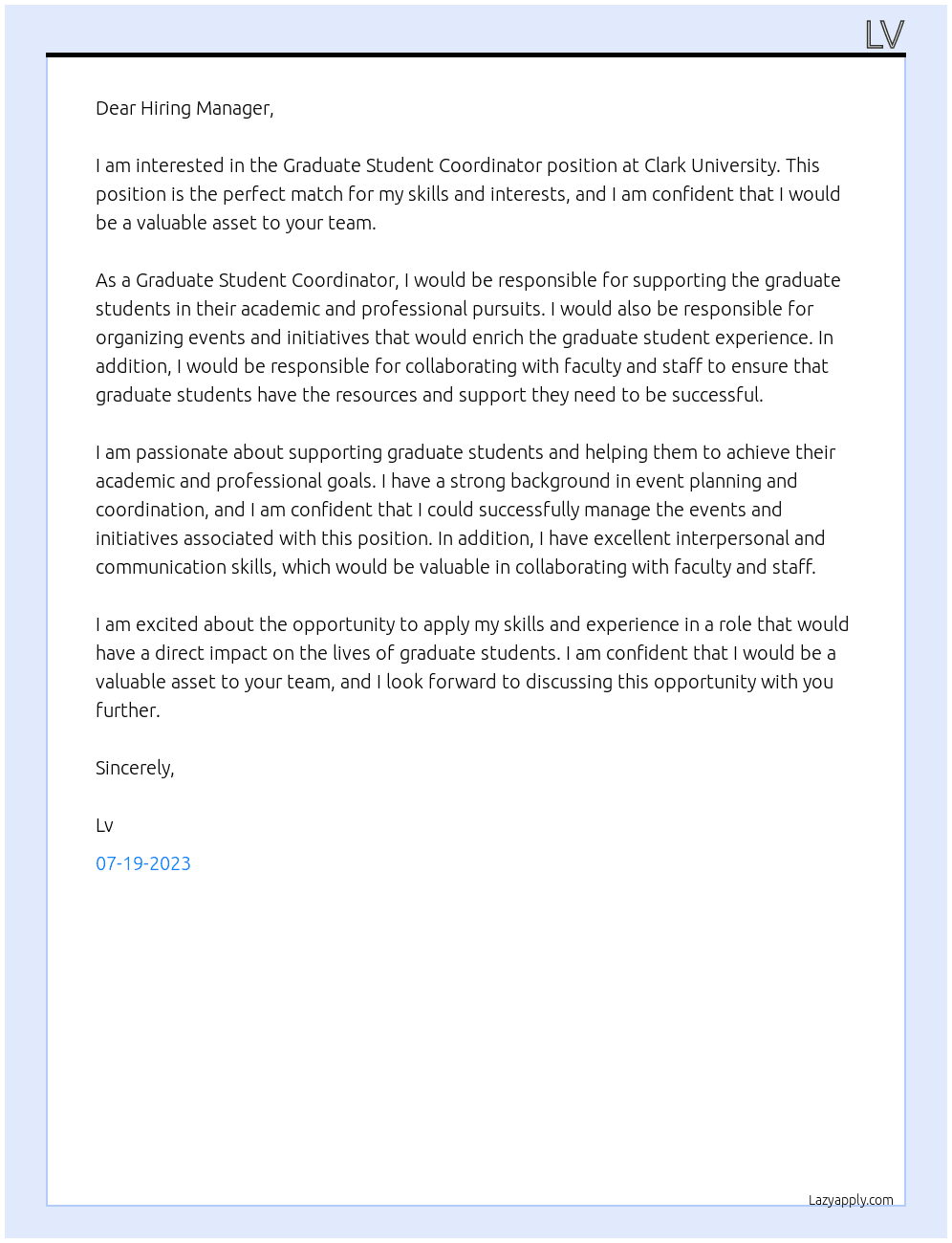 Graduate Student Coordinator  At Clark University  Cover Letter