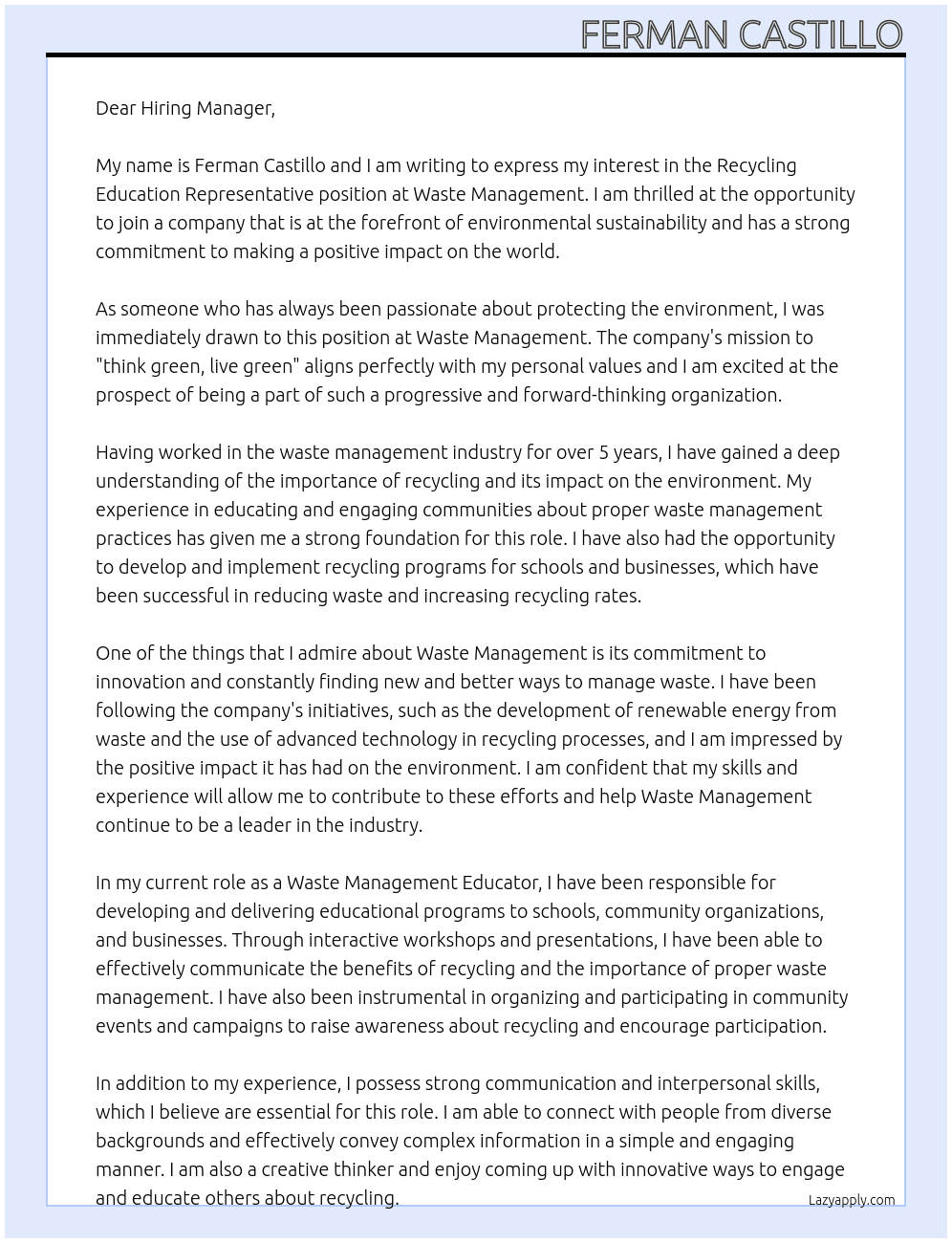Recycling Education Representative At waste management Cover Letter